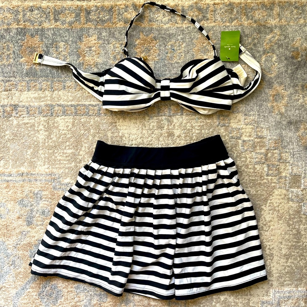Black and white stripe bow bandeau swim top with skirt